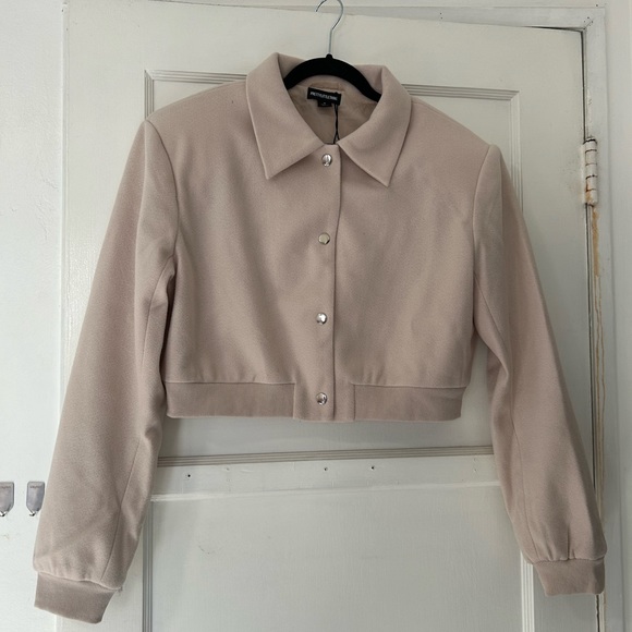 NWT Stone Beige Shoulder Padded Wool Look Cropped Bomber Jacket - Picture 6 of 11